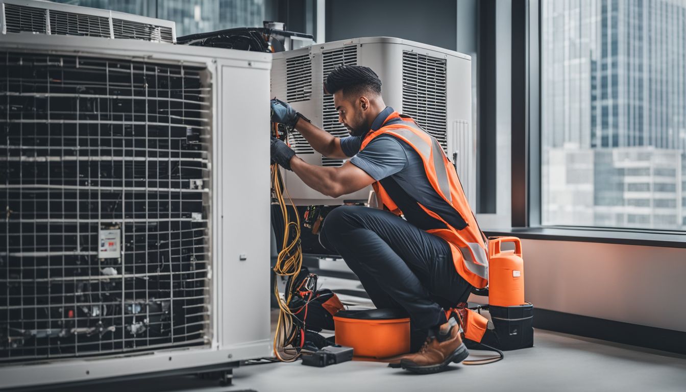 A technician fixing an air conditioning unit in a modern office building.