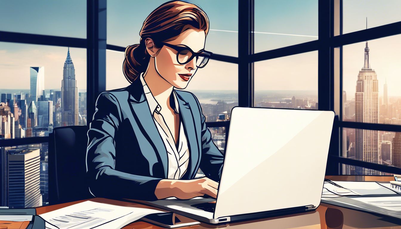 Een professionele vrouw in een moderne kantooromgeving gebruikt een laptop.