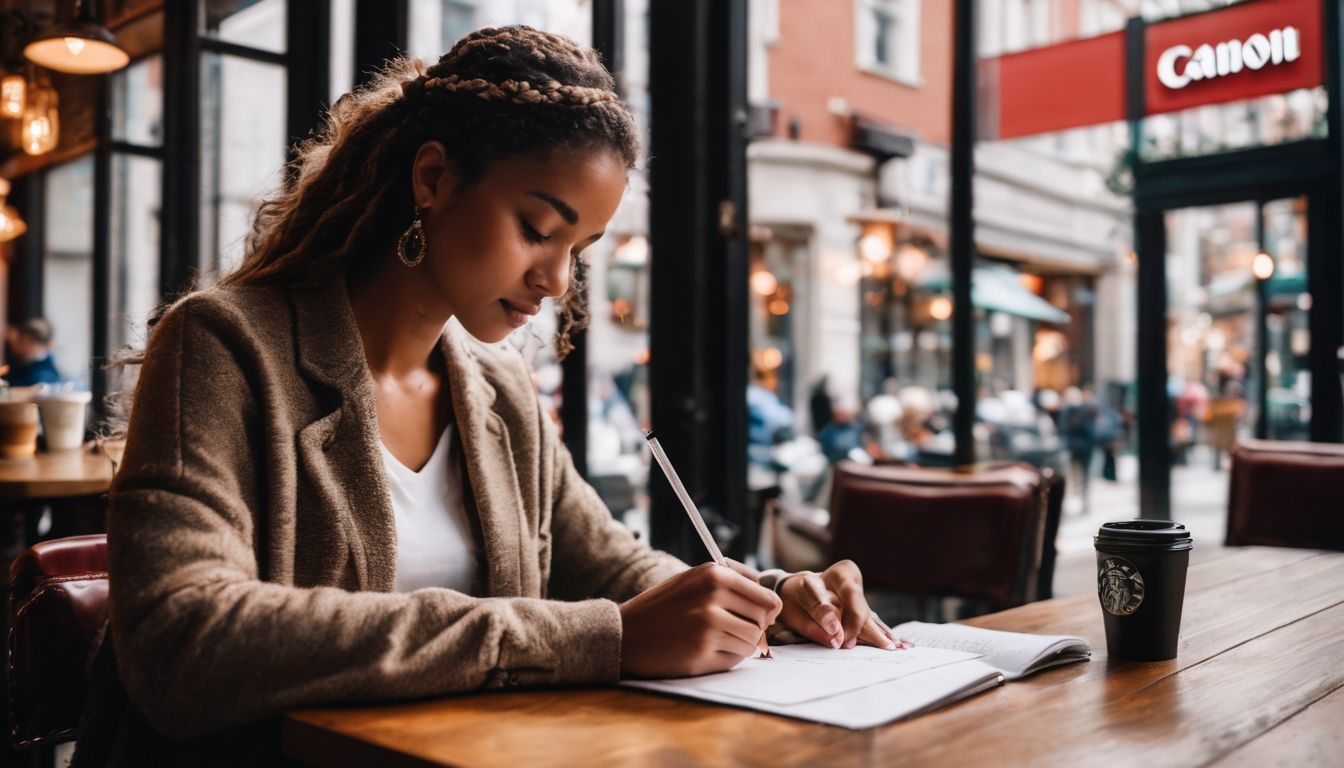 A person writing a heartfelt letter in a cozy coffee shop.