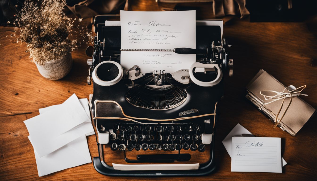 A vintage typewriter with handwritten note and scattered papers.