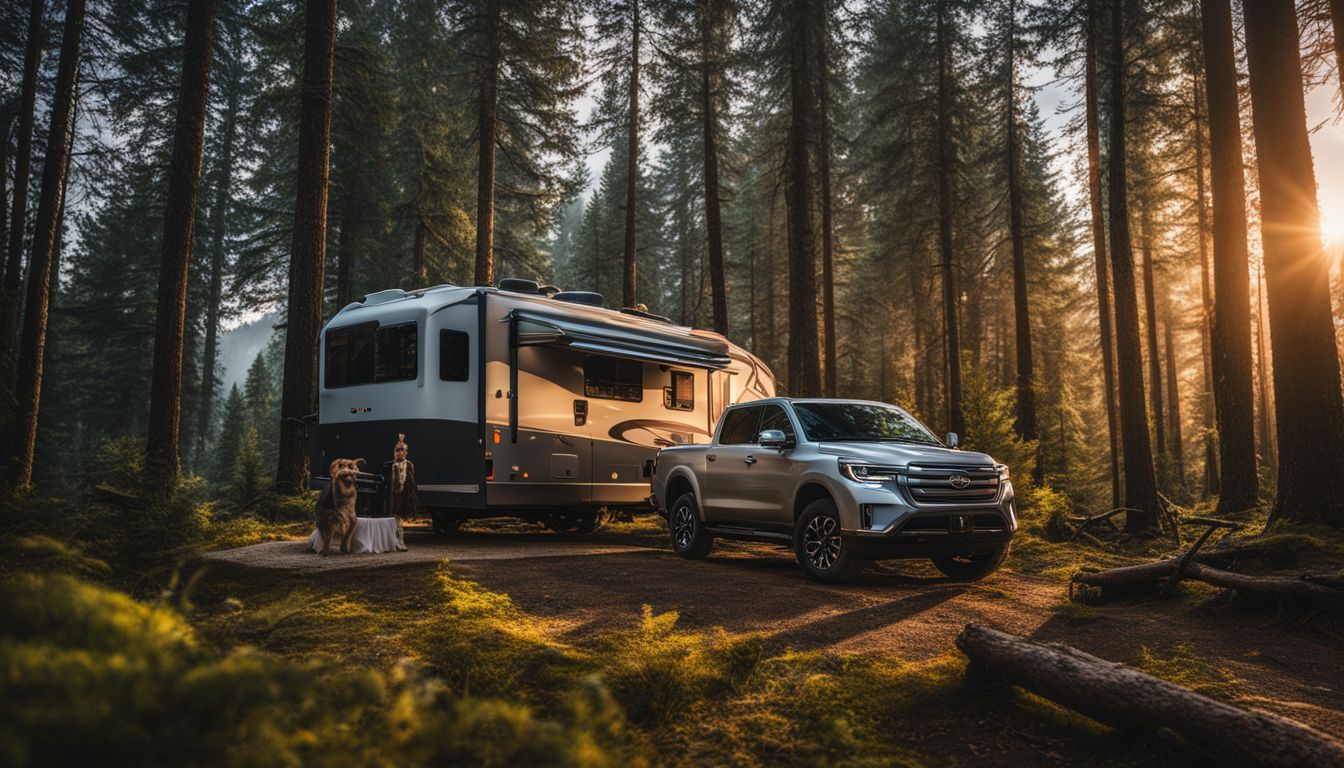 A RV parked in a remote forest with a security camera system.