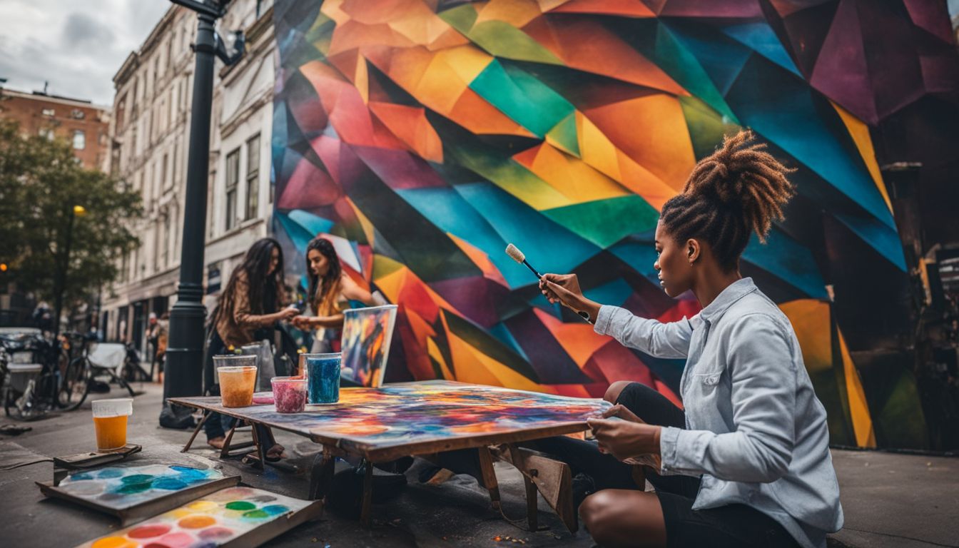 An artist painting a colorful mural in a bustling city street.