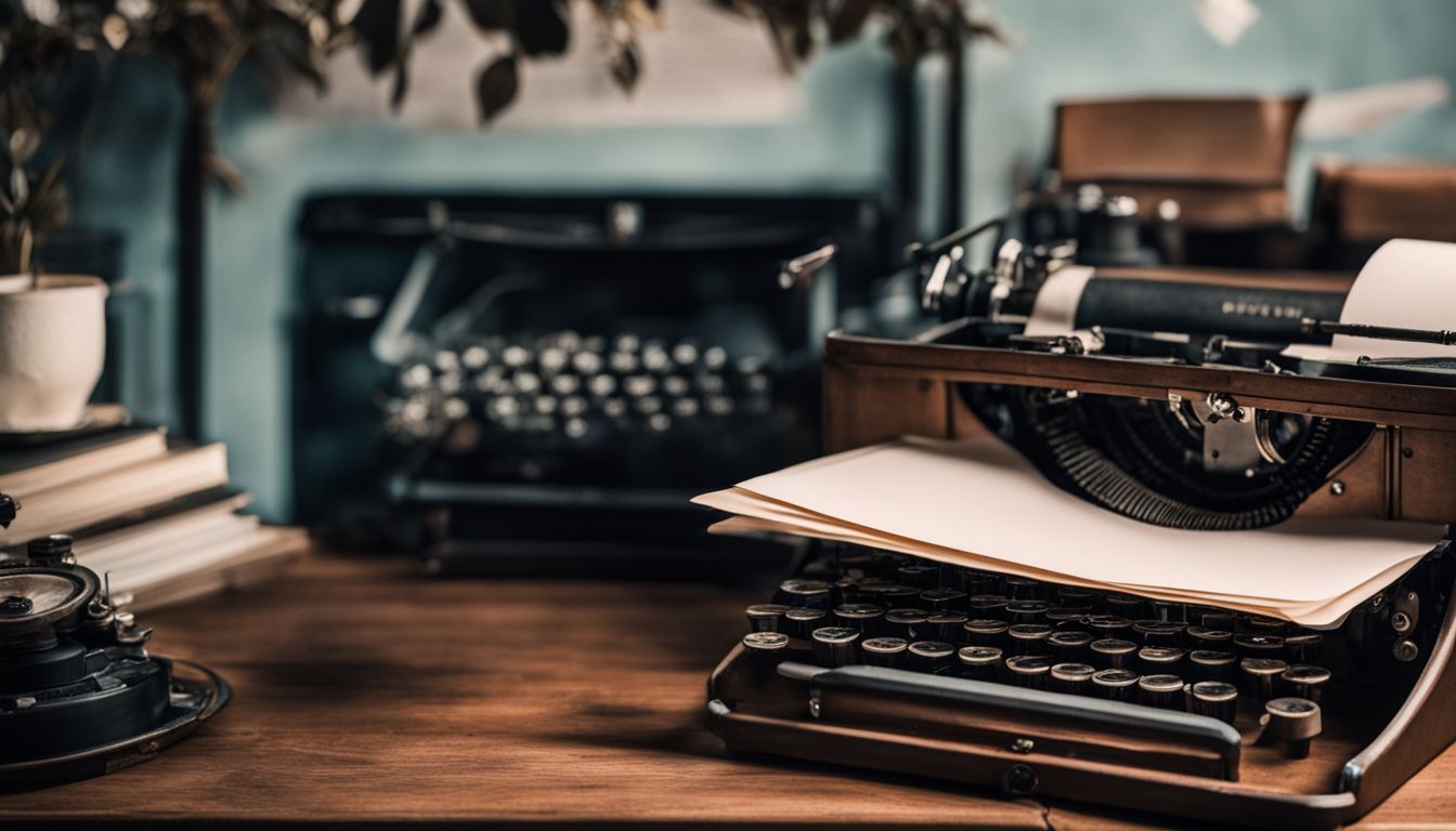 A still life photo of a typewriter with vintage office decor.