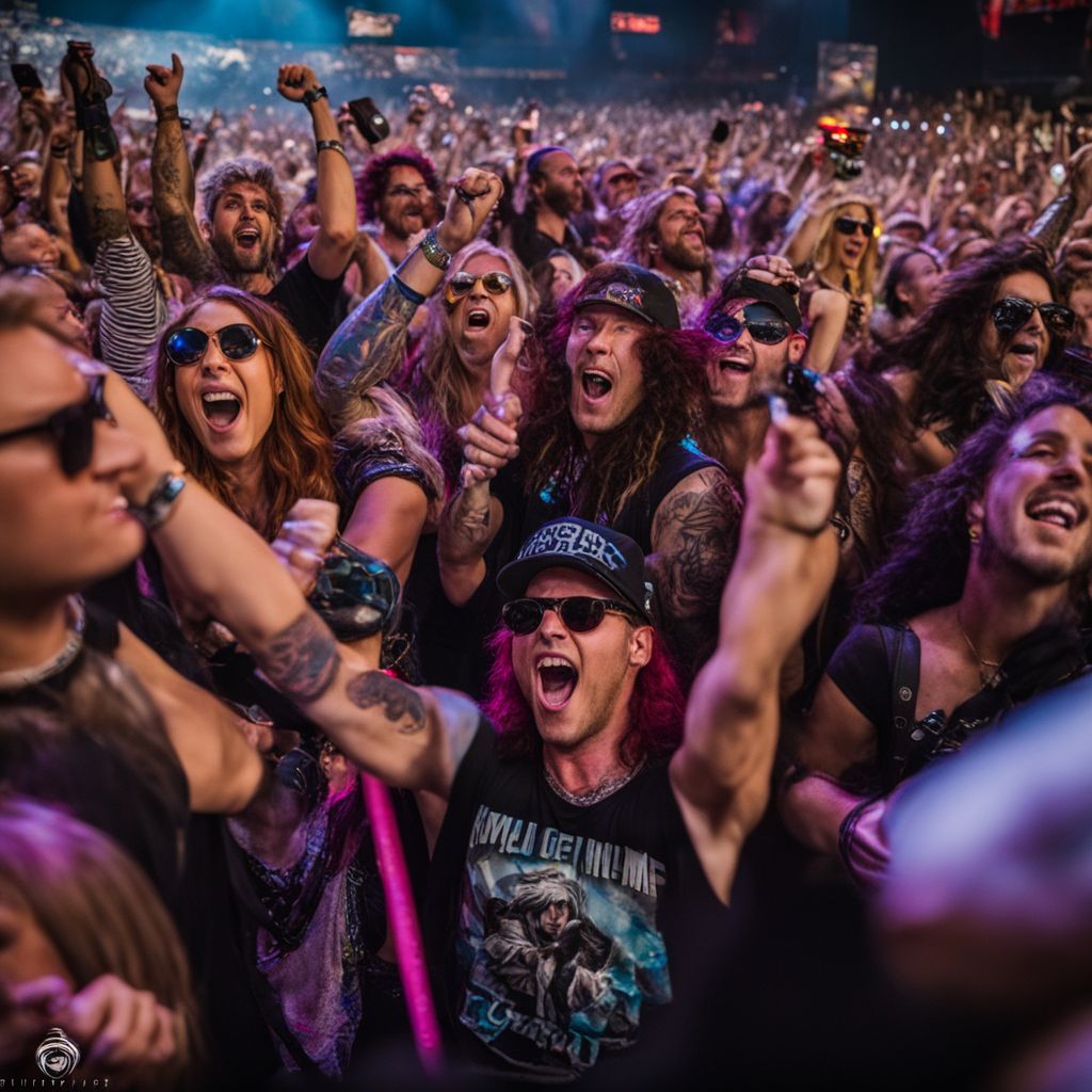 A lively crowd cheers at a Steel Panther concert.