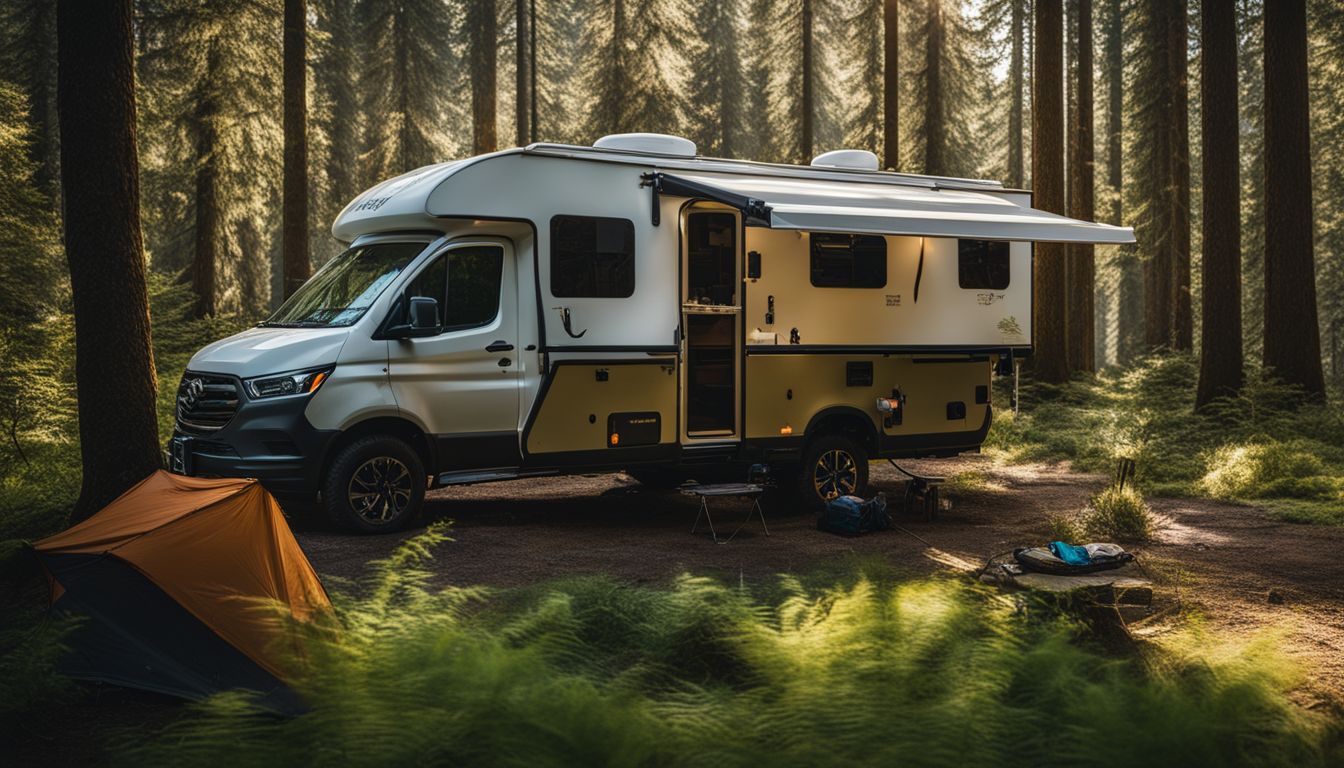 A camper parked in a tranquil forest clearing with stabilizing jacks deployed.