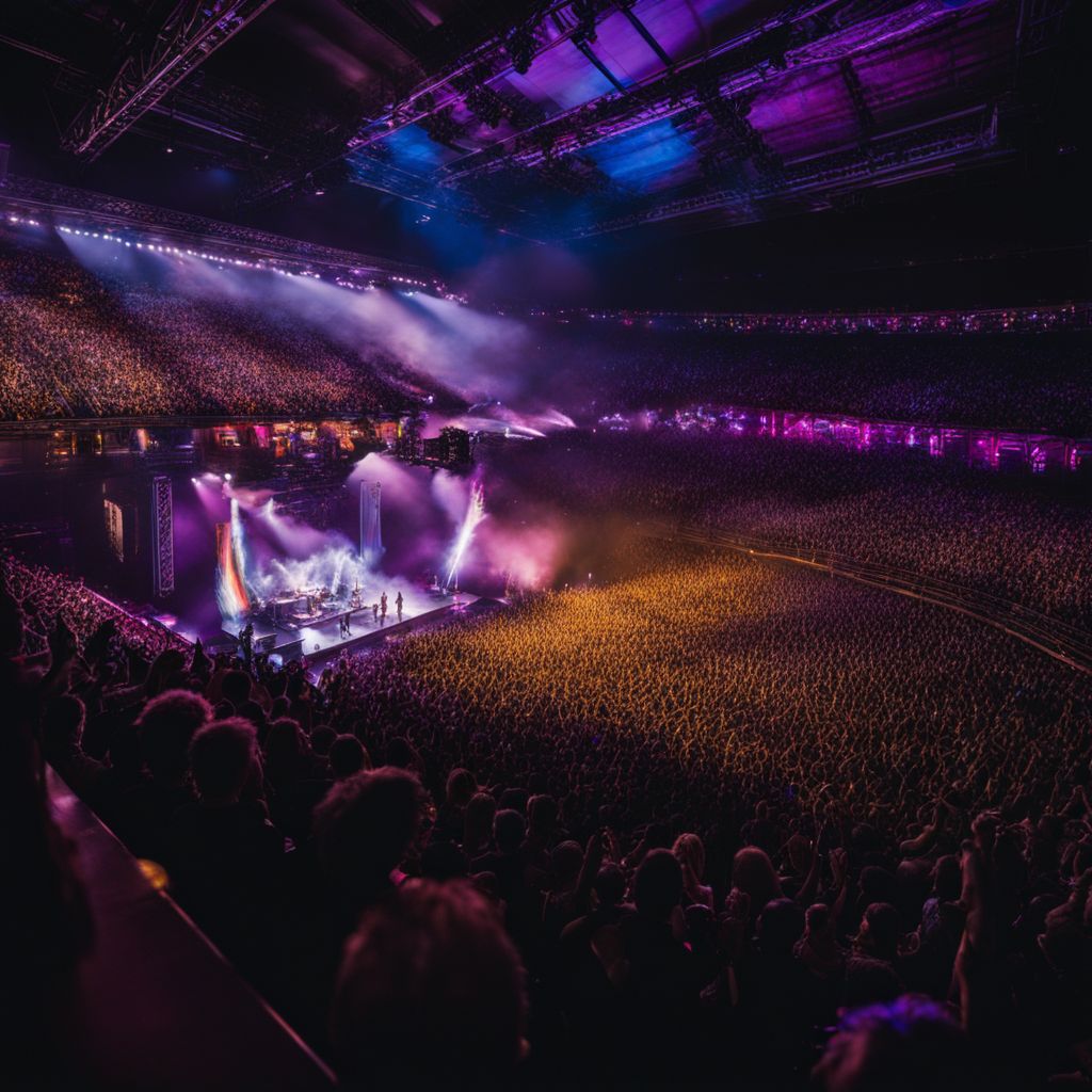 A packed arena with fans cheering for a band performing live.