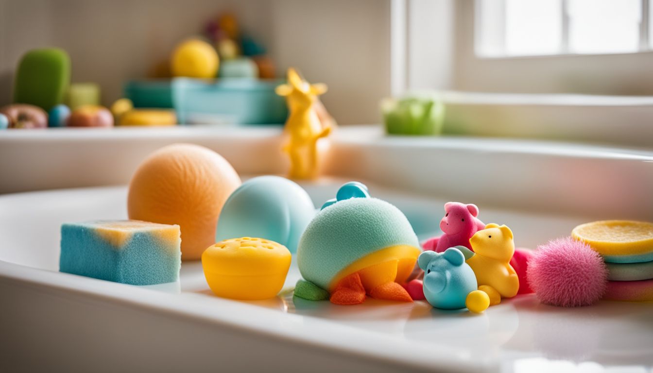 A vibrant set of bath toys and baby-friendly soaps in a bright bathroom.