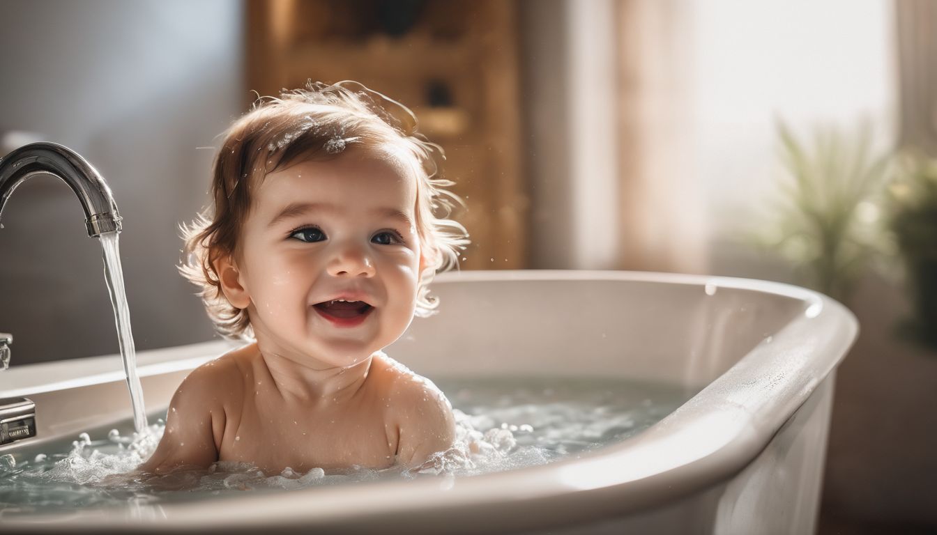 A happy baby splashing in a bathtub in a spacious bathroom.