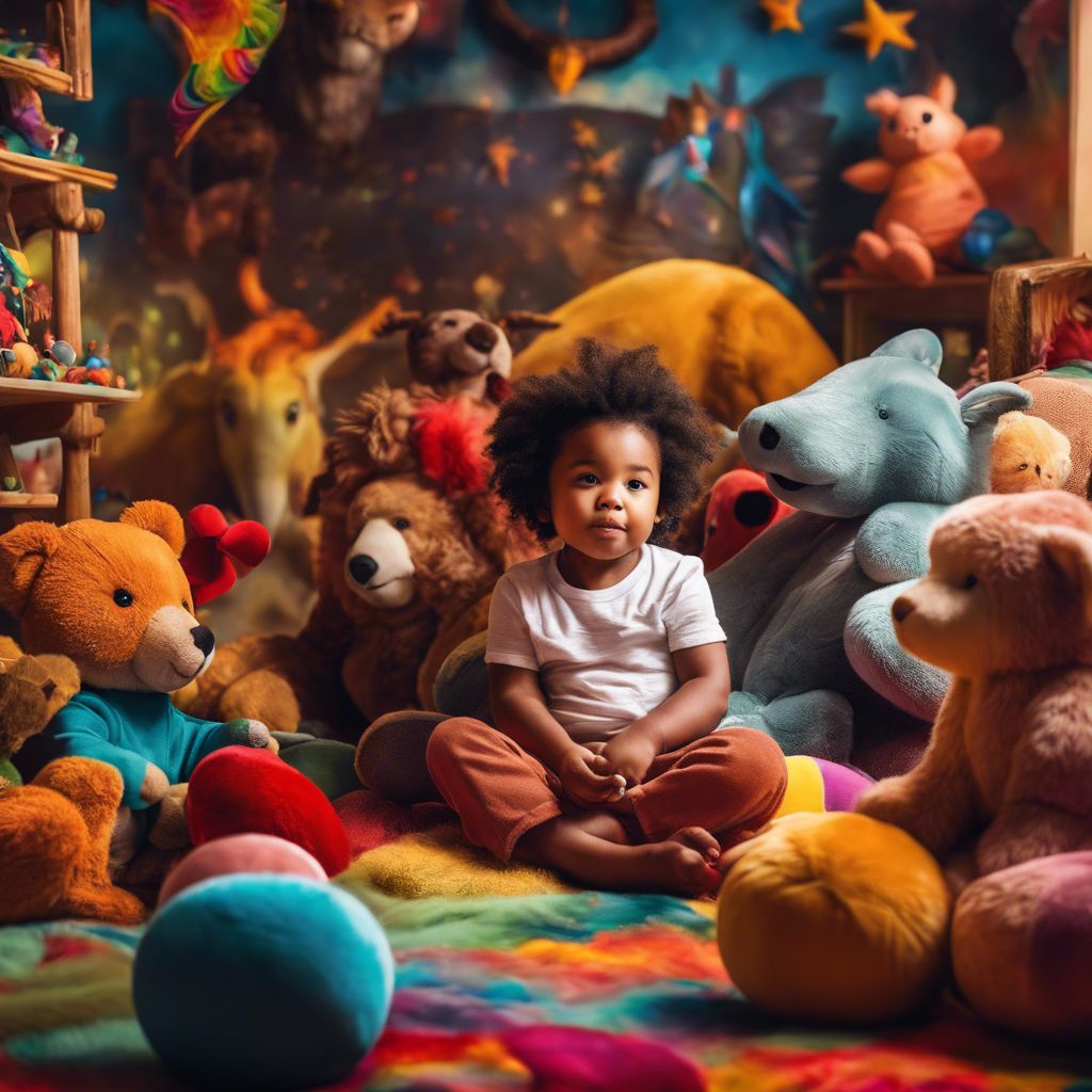 A young child playing joyfully with plush toys in a vibrant playroom.