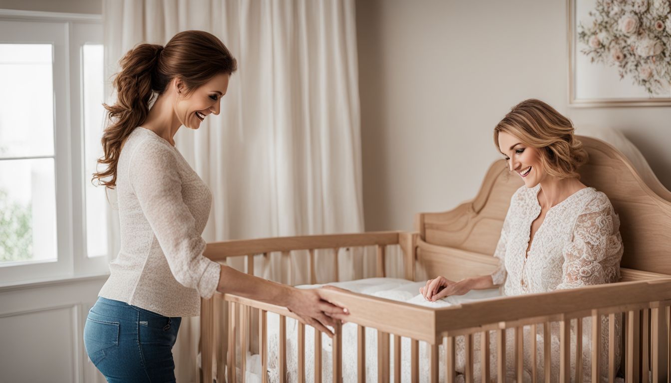 A mother happily setting up convertible crib in nursery.