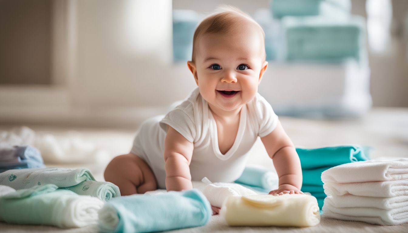 Summary: A smiling baby surrounded by hypoallergenic diapers and wipes.
