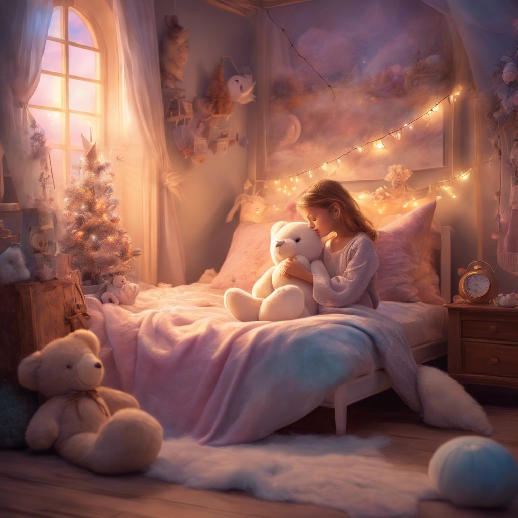 A child embraces a plush toy in a cozy, peaceful bedroom.