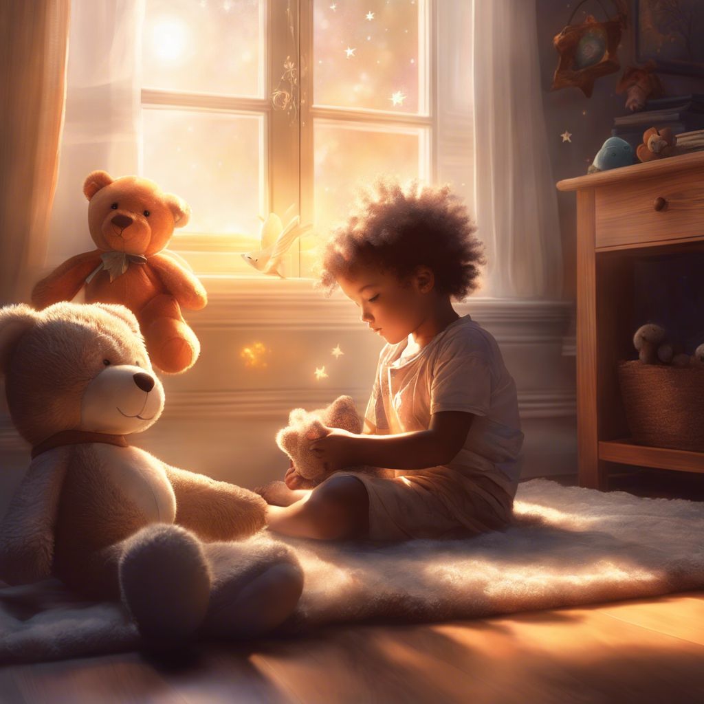 Child hugging plush toy in cozy bedroom surrounded by toys.