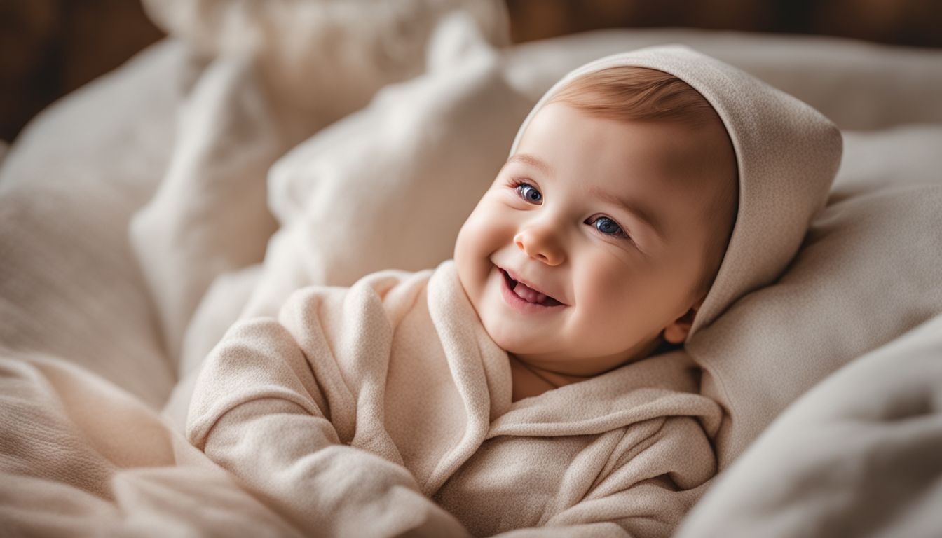 A smiling baby surrounded by sustainable fabrics in cozy pajamas.