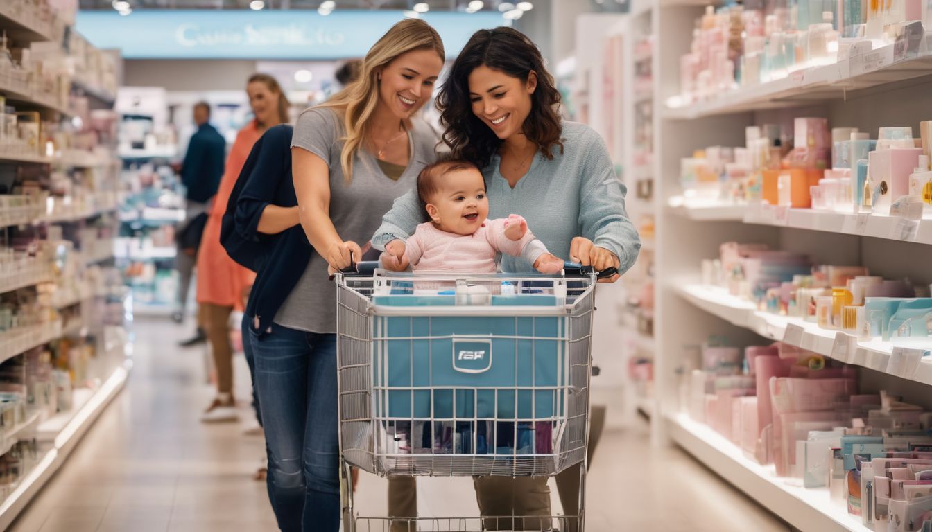 A happy family shopping for baby essentials at a modern store.