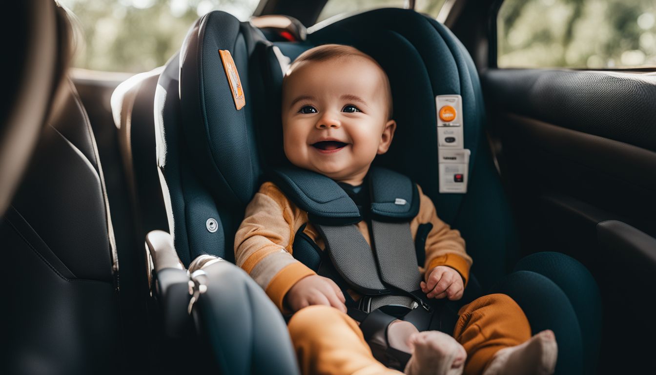 A happy baby seated in a reliable car seat surrounded by essential travel gear.