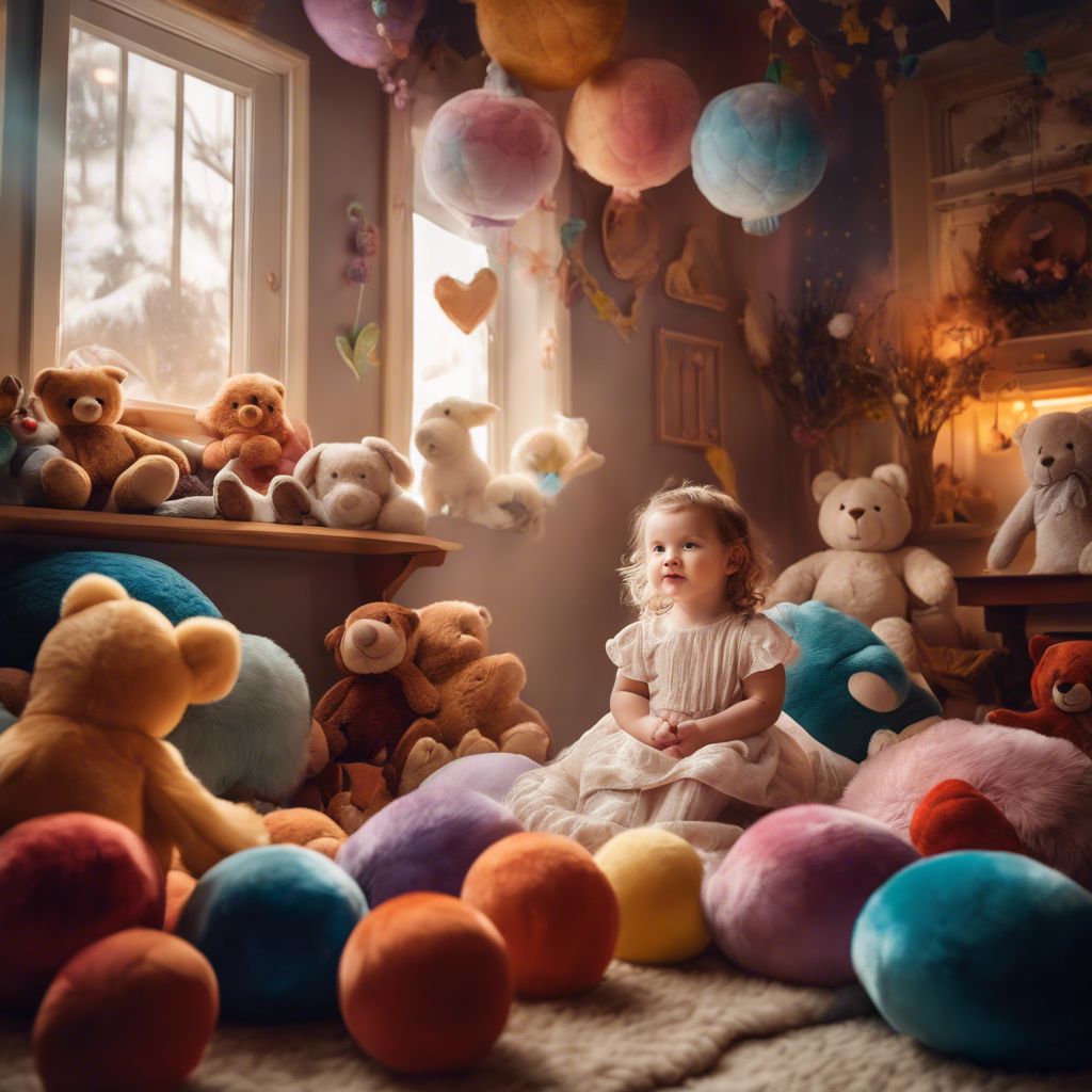 A happy toddler surrounded by colorful plush toys in a playroom.