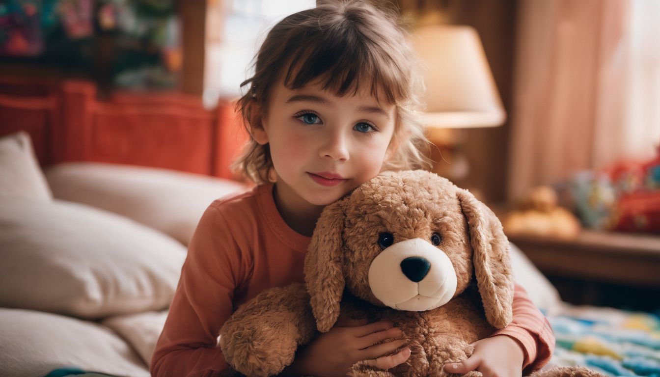 A child hugging a plush toy in a colorful bedroom.