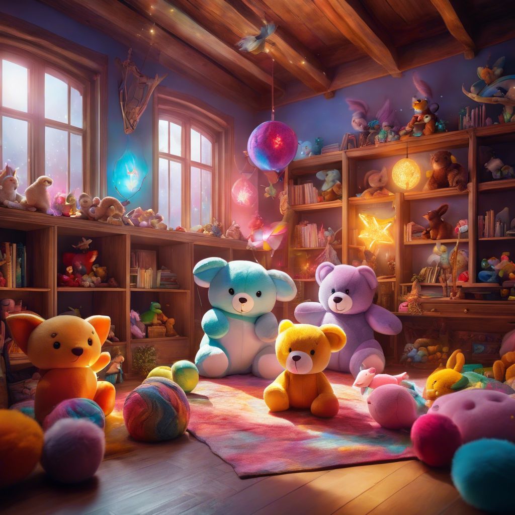 A group of interactive plush toys surrounded by vibrant and playful toys in a lively playroom.