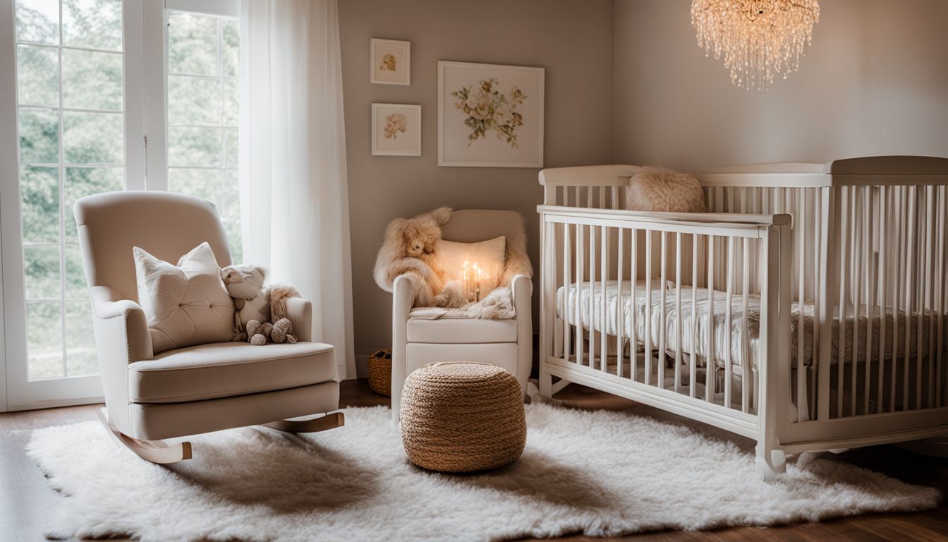 The cozy nursery room with a crib, rocking chair and soft lighting.