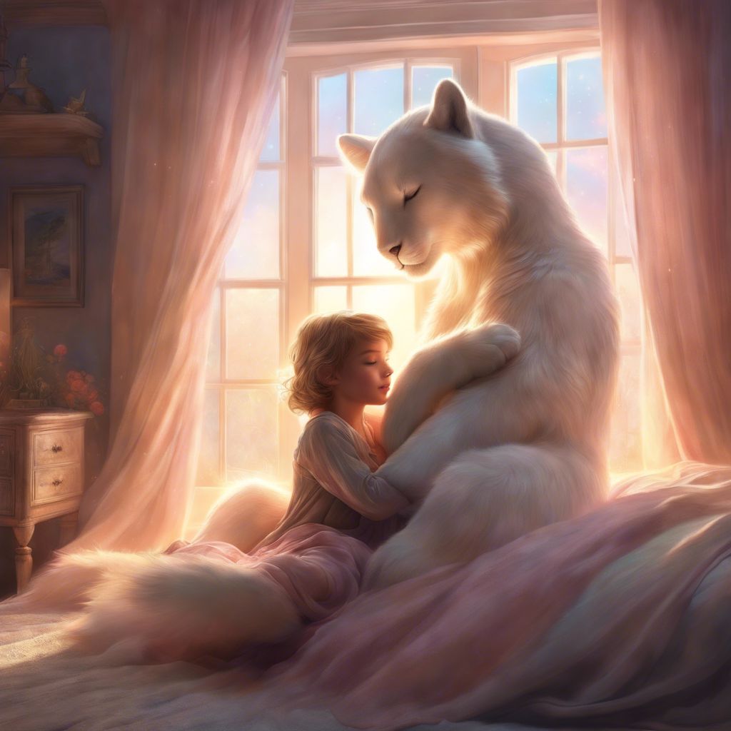 A child embraces a large plush figure in a cozy bedroom.
