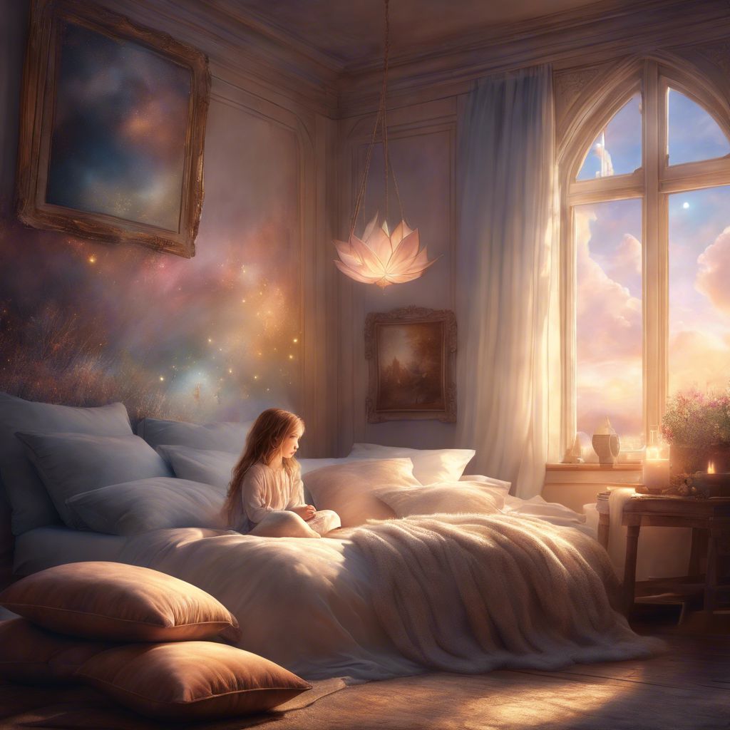 A child surrounded by plush pillows in a cozy bedroom.