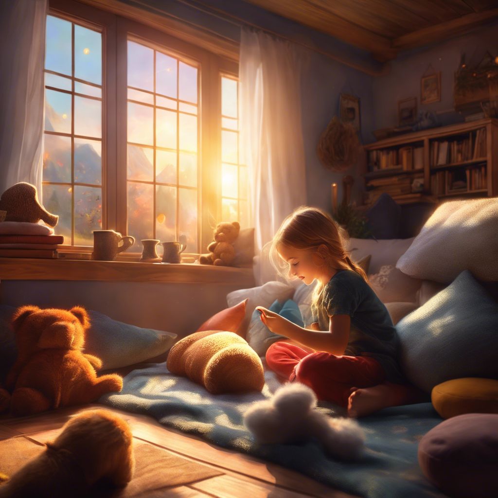 A child happily plays with a plush toy in a cozy living room.