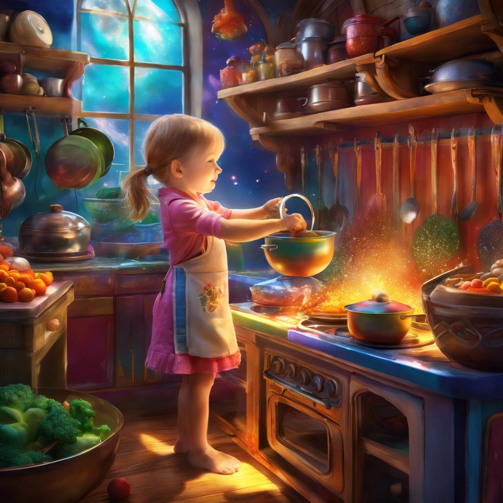 A child happily cooks in a colorful toy kitchen with play food.