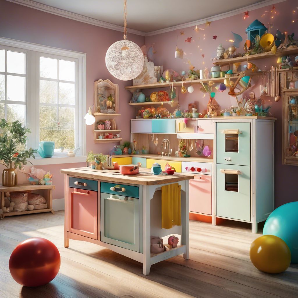 A vibrant play kitchen in a spacious playroom, surrounded by colorful toys.