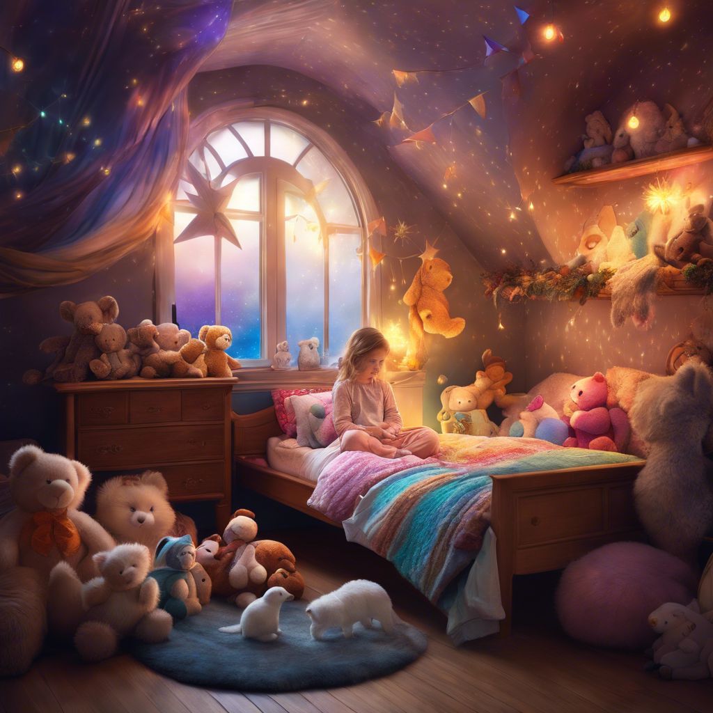 Child surrounded by stuffed animals in cozy bedroom, exuding joy and innocence.