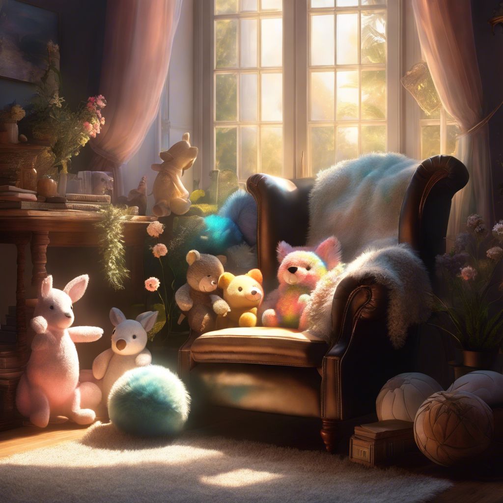 Cozy armchair filled with plush toys in warm sunlight.