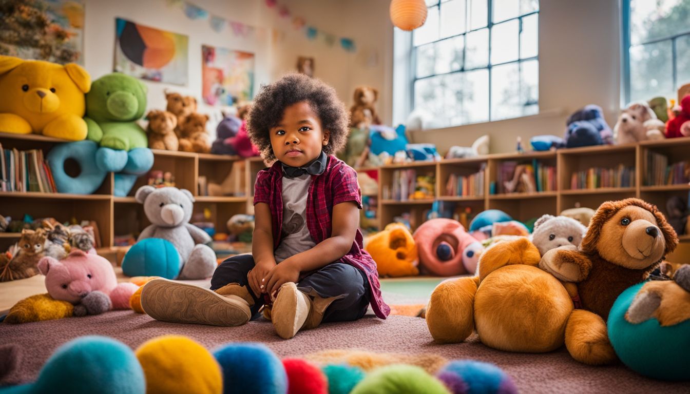 A child surrounded by plush toys in a colorful classroom setting.