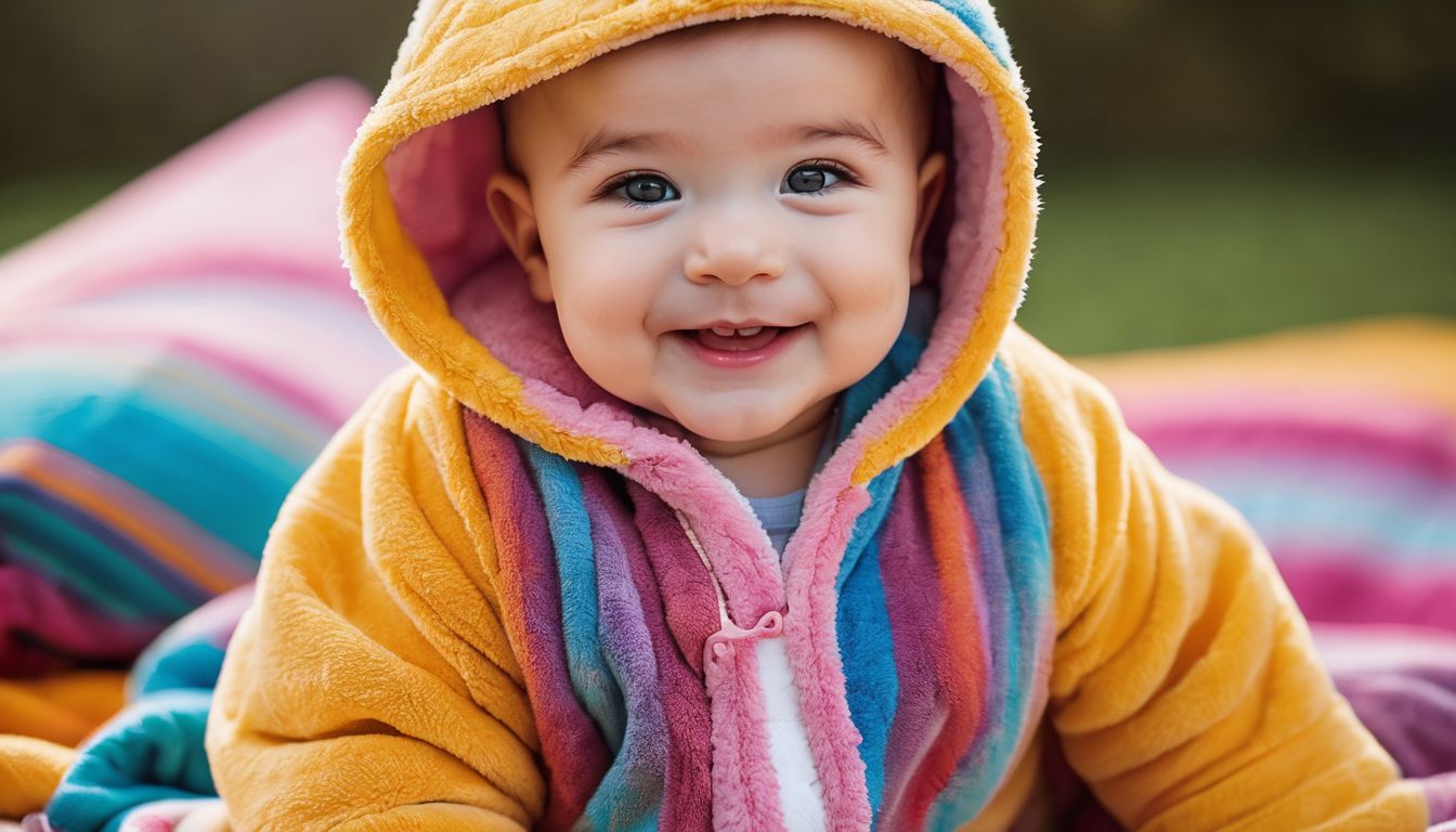 A happy baby surrounded by colorful clothing and soft blankets.