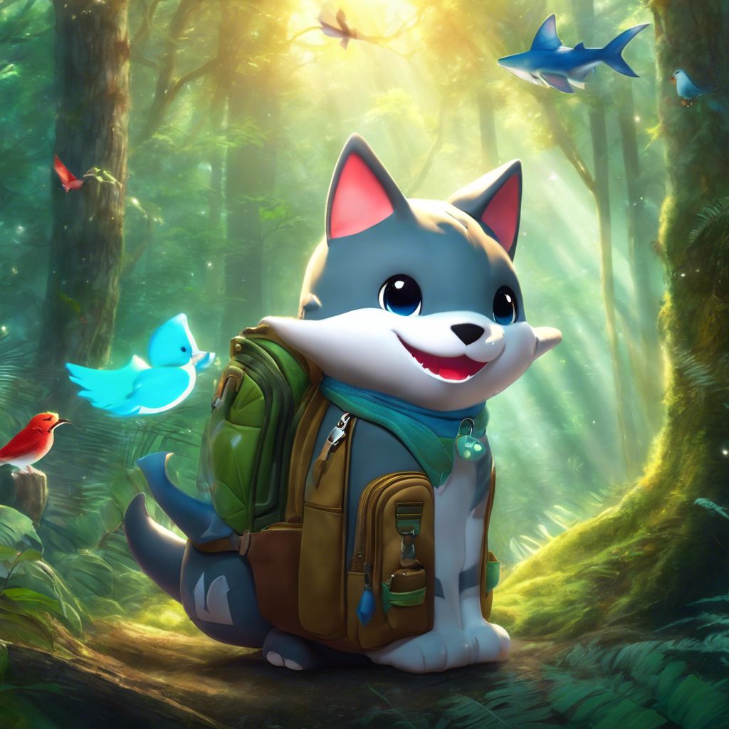 A child's backpack with an adorable shark cat plush keychain hung in a lush forest.