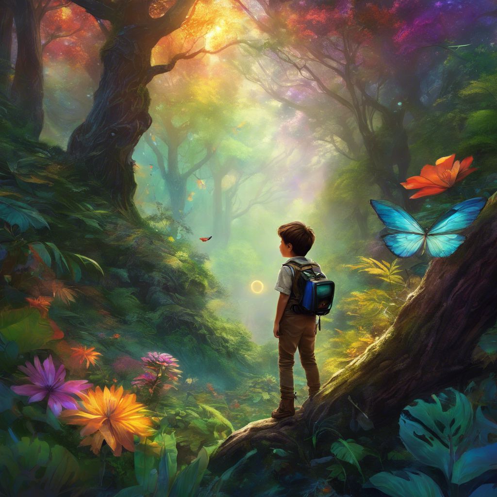 A boy with Adventure Scope explores vibrant forest with diverse wildlife.