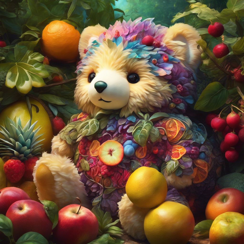A plush toy surrounded by vibrant fruits in a lush garden.