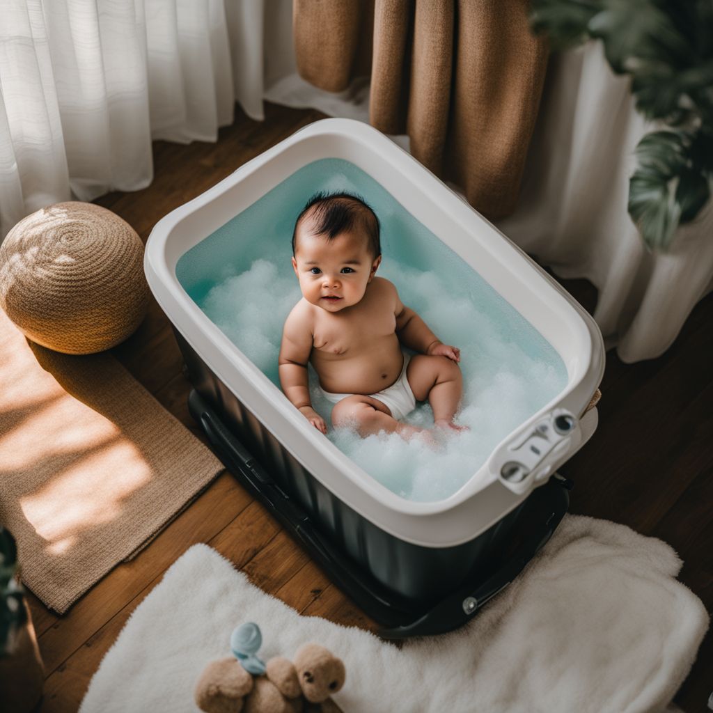A baby getting a gentle bath surrounded by travel-friendly diapering essentials.