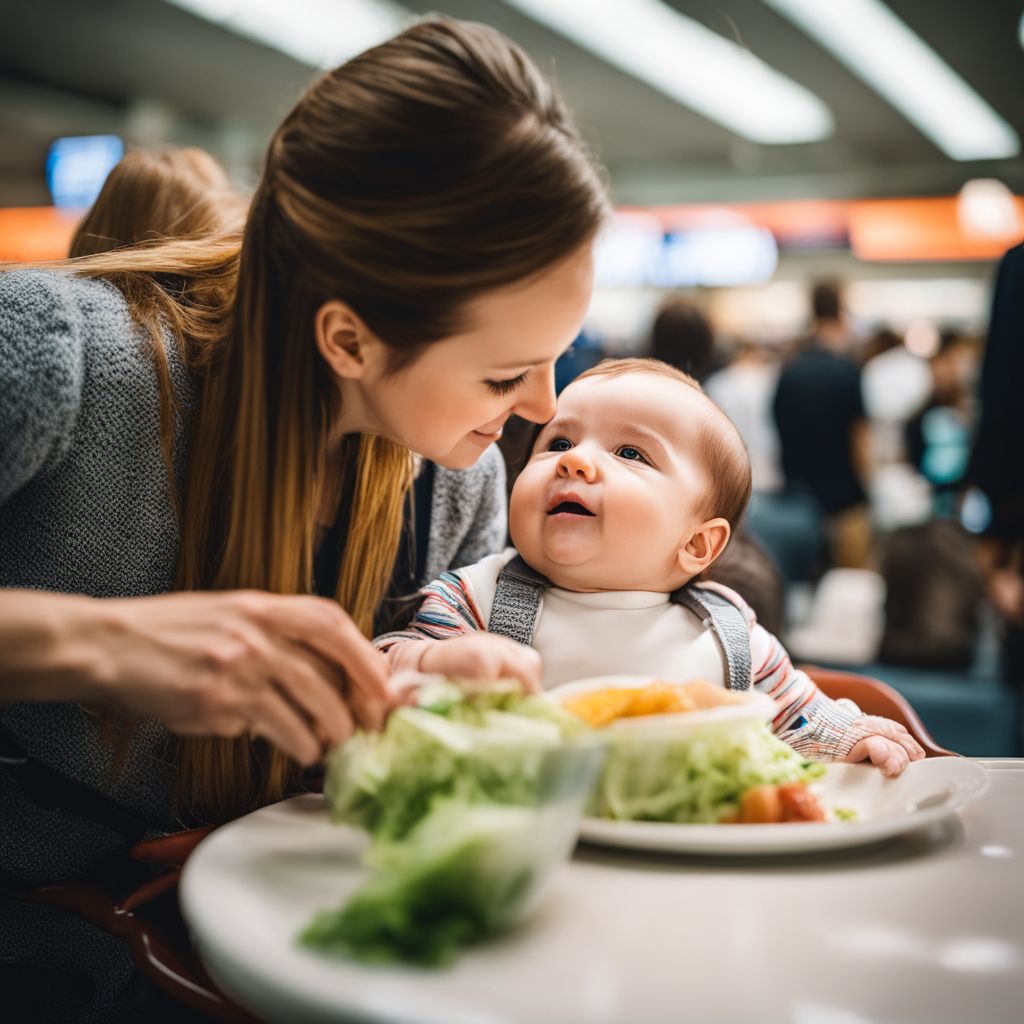 A baby being fed in an airport food court among a bustling atmosphere.