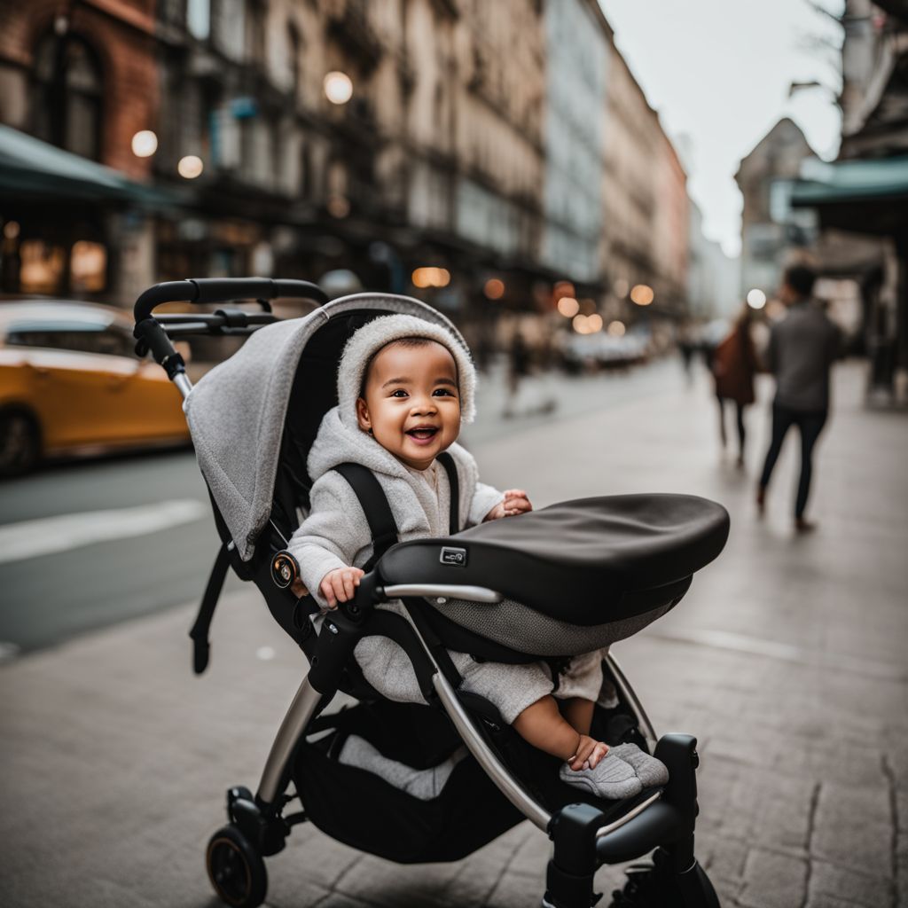 A happy baby in a stroller surrounded by travel gear and cityscape.