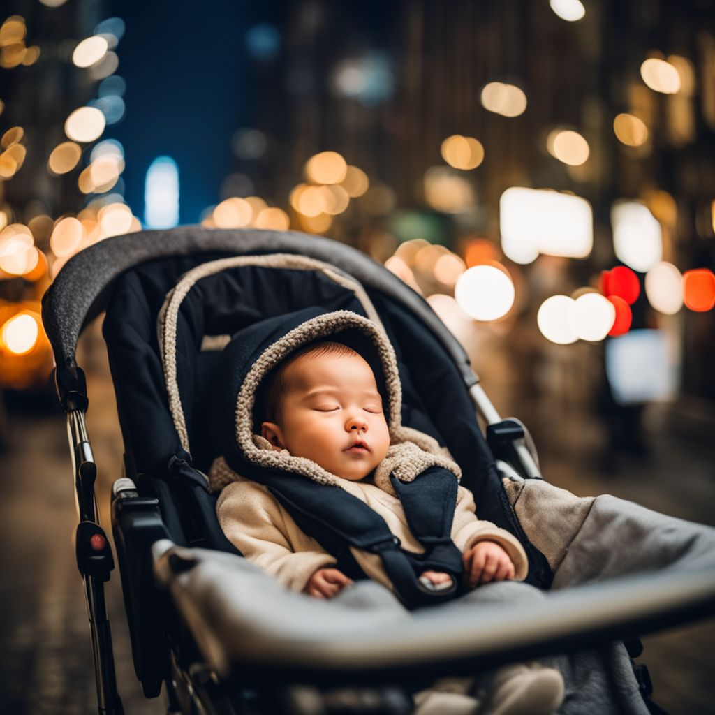 A peaceful baby sleeping in a cozy stroller in a bustling city.