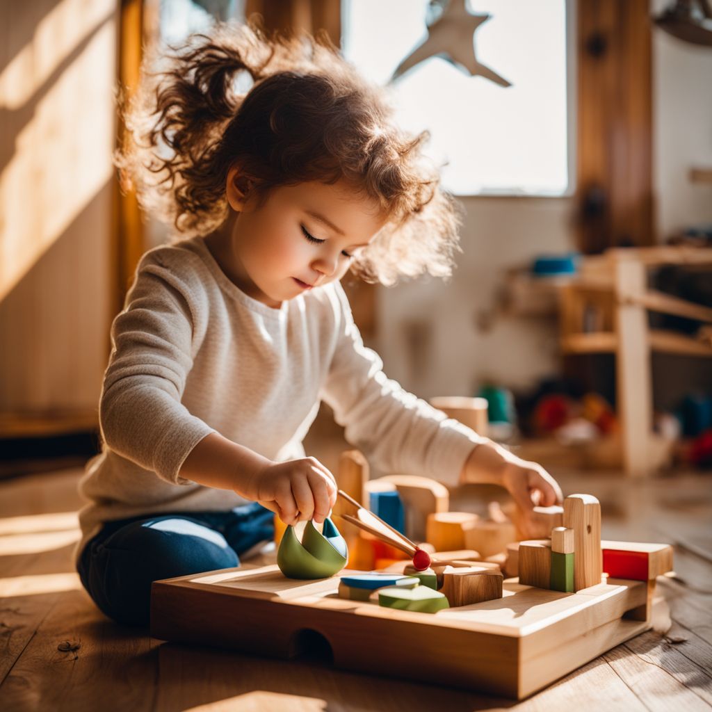 A child enjoys Montessori toys in a cozy, nature-inspired room.