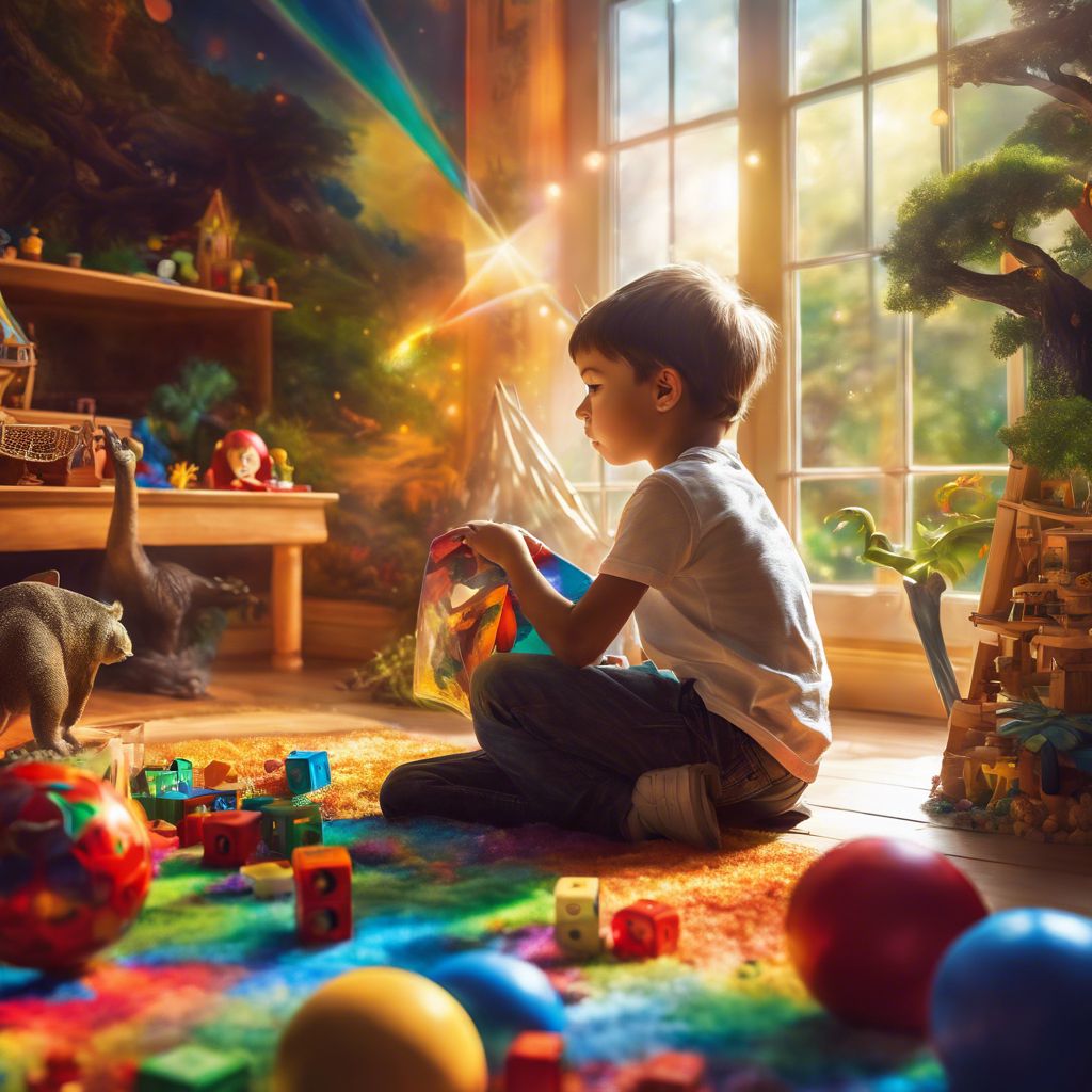 A young boy playing with educational toys in a nature-themed playroom.