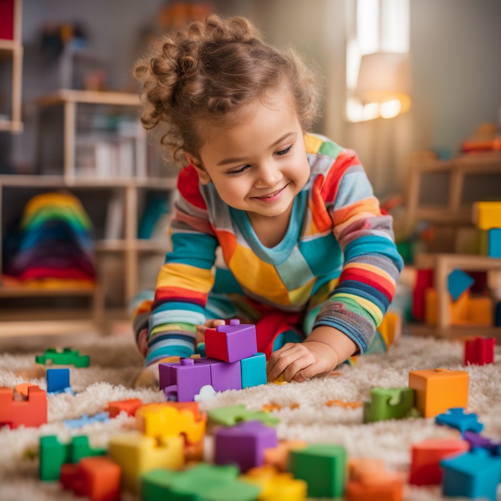 A colorful set of puzzle blocks in a bright playroom.