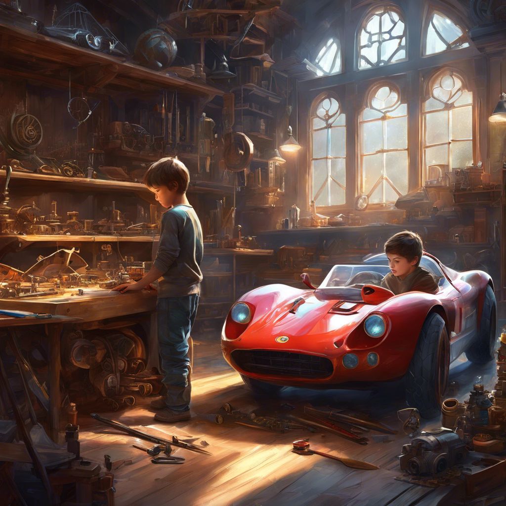 A boy building a racing car in a well-equipped workshop with intense focus.