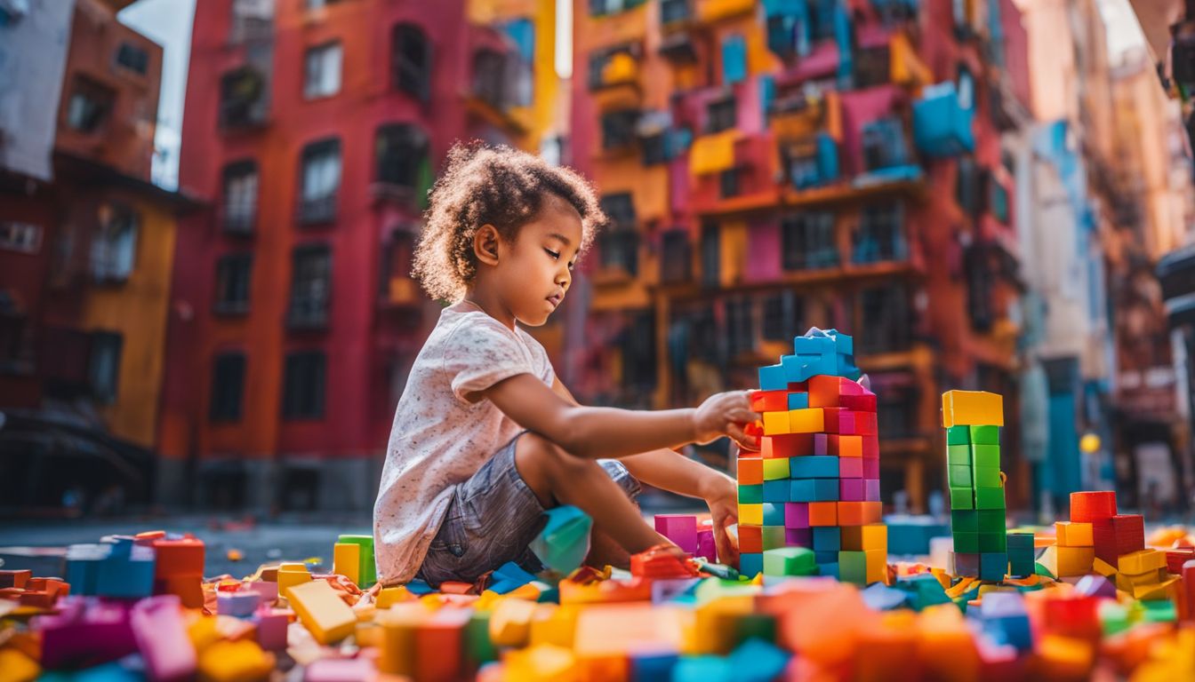 A child enjoying a colorful building set in a vibrant cityscape.