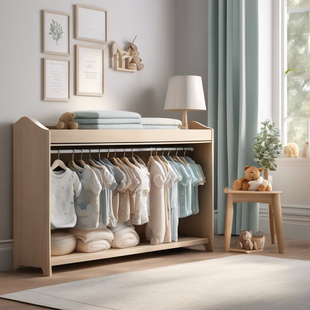 Neatly organized baby clothes and decor in serene nursery setting.