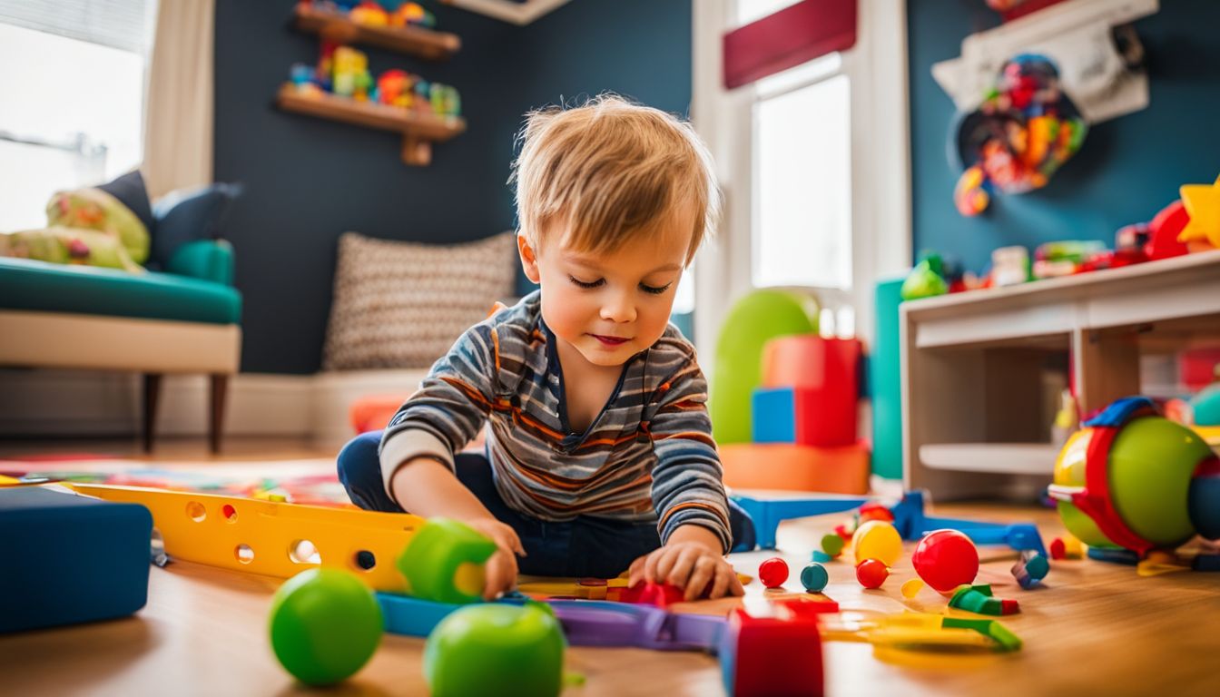 A 3-year-old boy playing with interactive toys in a colorful playroom.