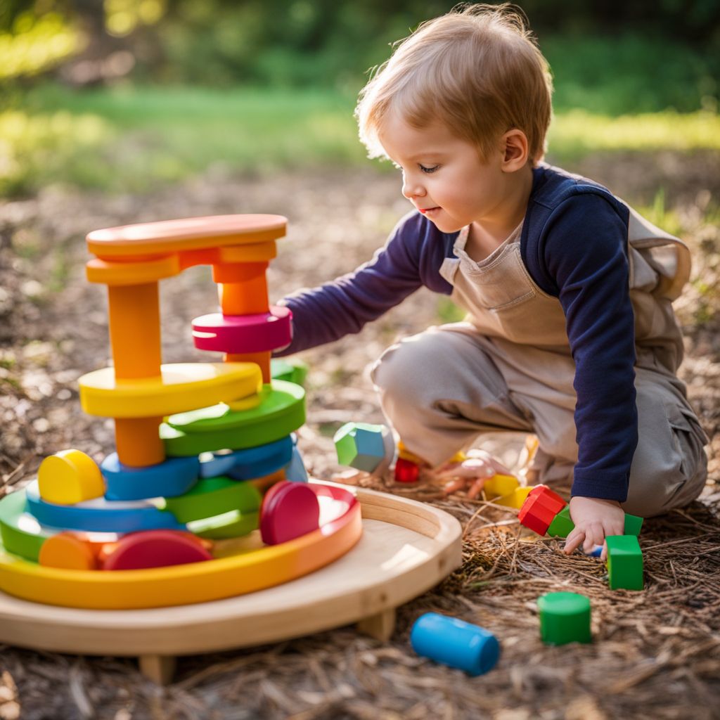 A child plays with Montessori toys in a natural outdoor environment.