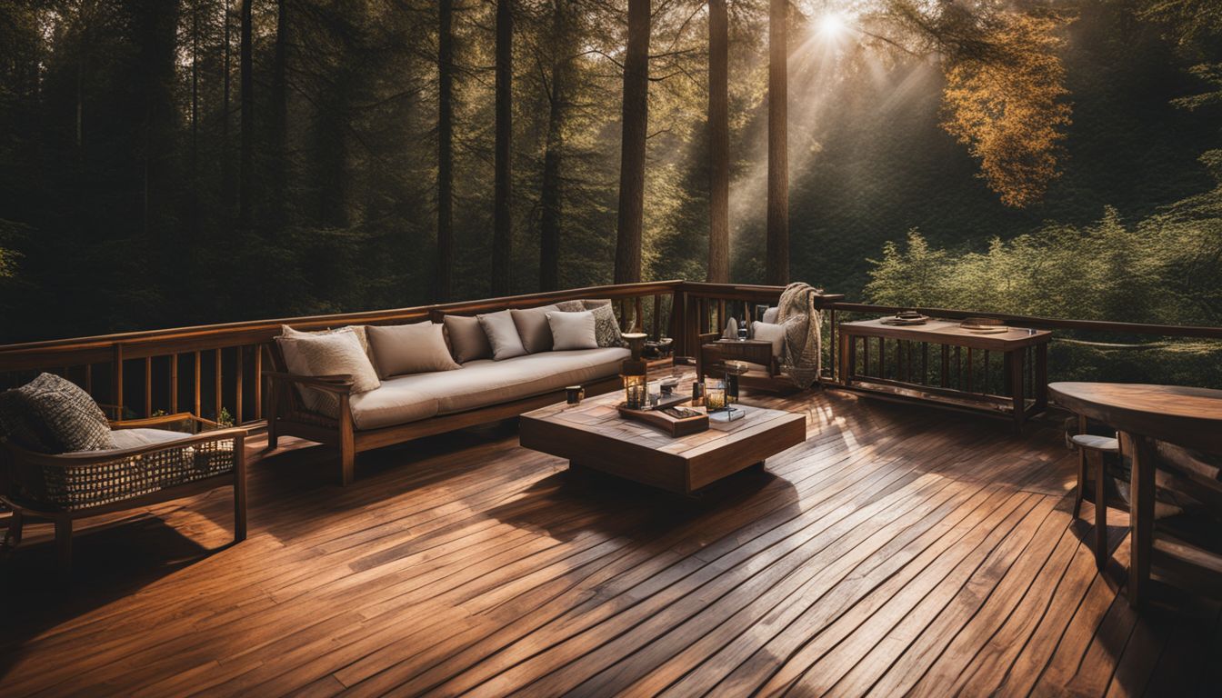 A cozy wooden deck surrounded by natural beauty and comfortable furniture.