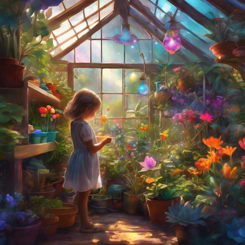 A child cares for plants in a mini greenhouse surrounded by toys.